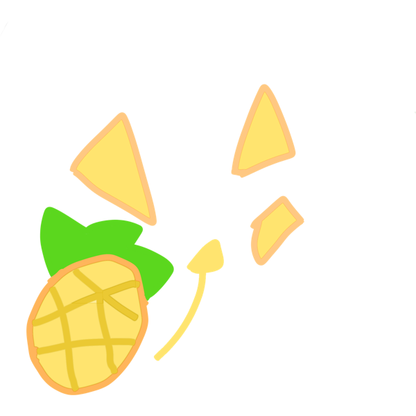 a pineapple with an arrow pointing to three triangular yellow chunks, implied to be cut up pineapple